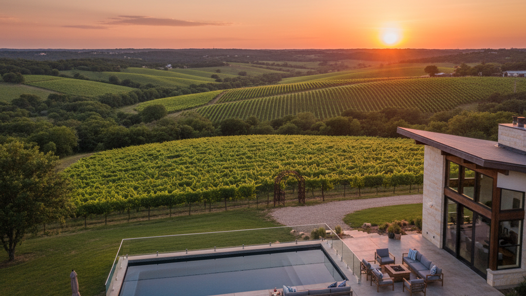 Dripping Springs Texas Hill Country vacation rental property with vineyard views at sunset, wine country short term rental investment