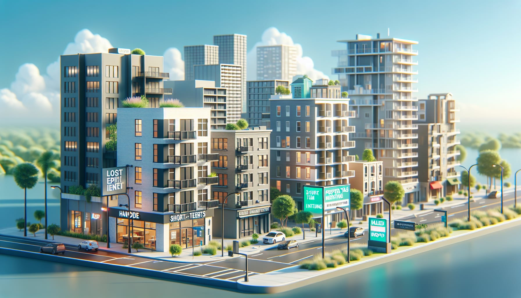 A stock photo showcasing a charming small city street with short-term rental signs, illustrating the appeal of small city ...