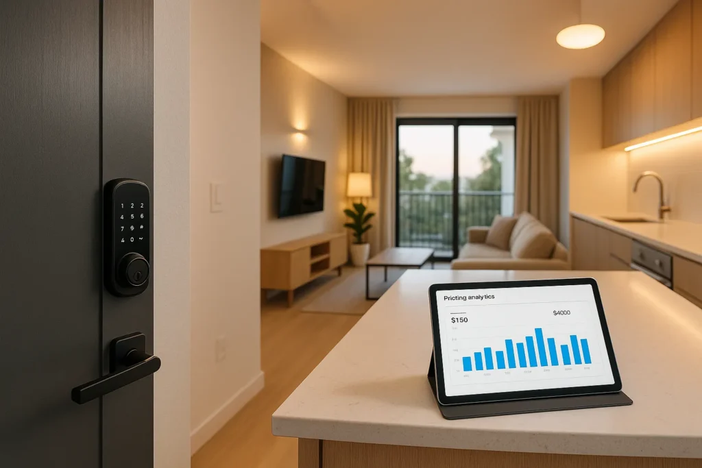 Smart home technology and AI analytics dashboard in a modern vacation rental property