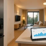 Smart home technology and AI analytics dashboard in a modern vacation rental property