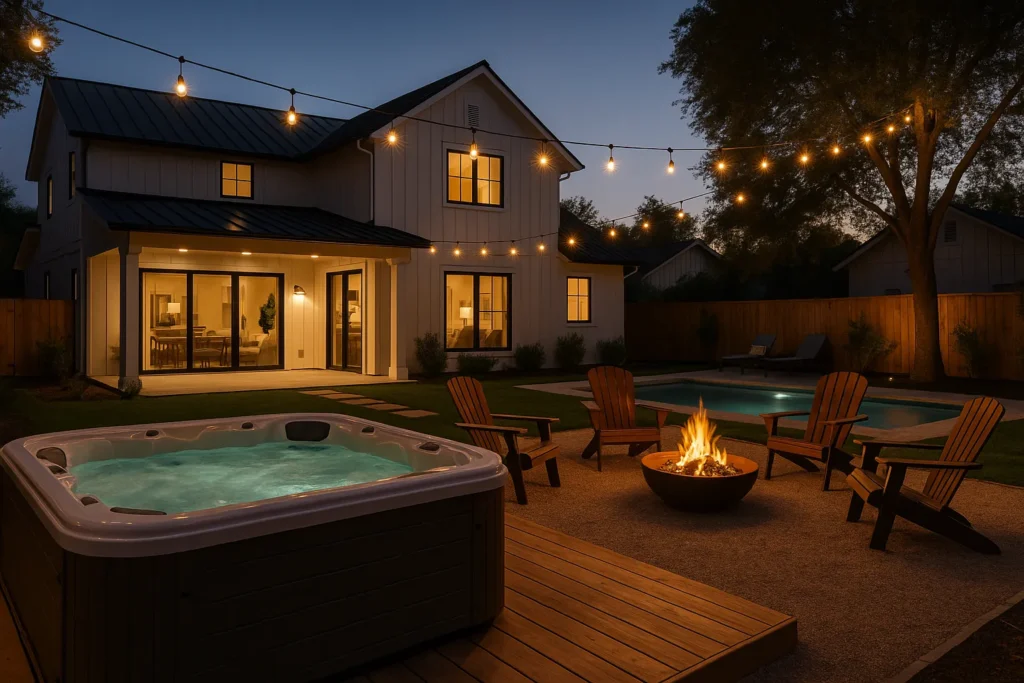Luxury vacation rental backyard with hot tub, fire pit, and pool