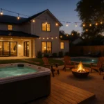 Luxury vacation rental backyard with hot tub, fire pit, and pool