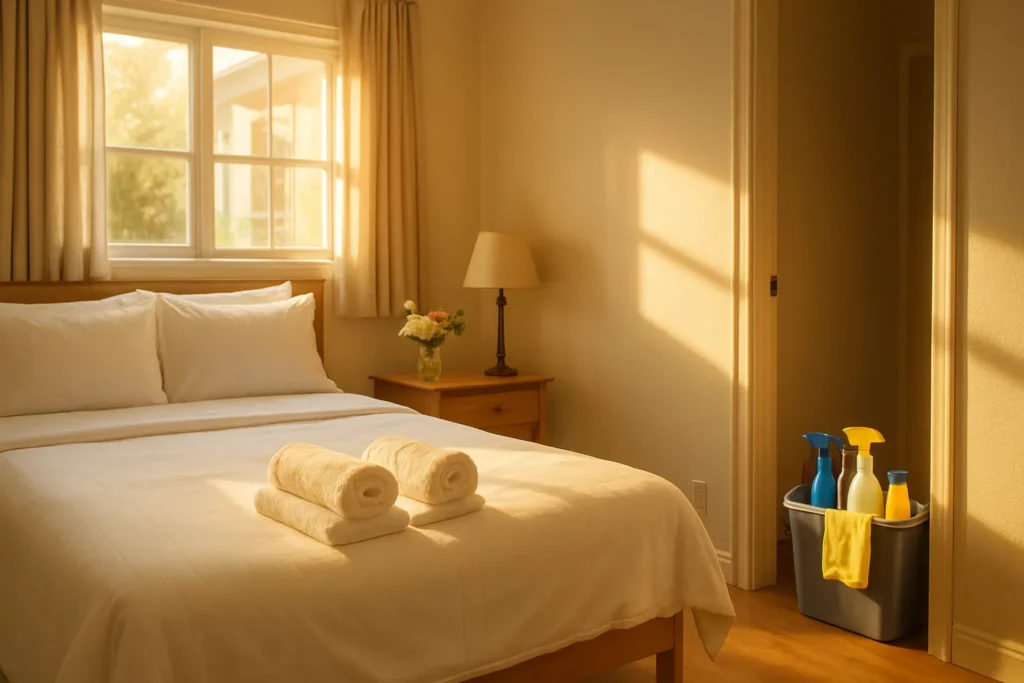 A freshly cleaned vacation rental bedroom with white linens, folded towels, and a cleaning caddy in the doorway