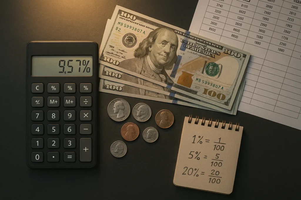 Calculator and dollar bills representing Airbnb host fee calculations and revenue impact analysis