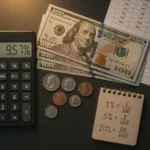 Calculator and dollar bills representing Airbnb host fee calculations and revenue impact analysis