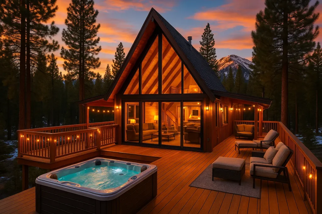 Unique A-frame vacation rental cabin thriving as an Airbnb property with luxury amenities at golden hour