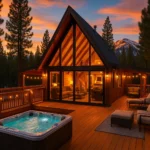 Unique A-frame vacation rental cabin thriving as an Airbnb property with luxury amenities at golden hour