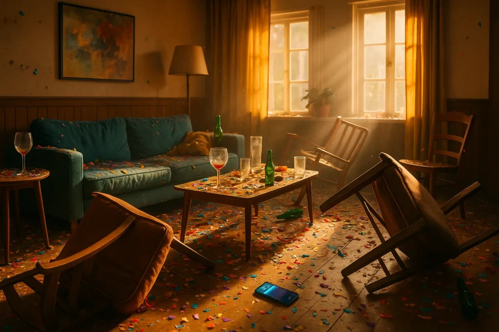 Chaotic vacation rental living room with overturned furniture and confetti after a wild party