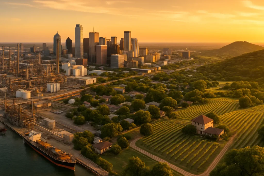 Aerial view of Texas landscape from Gulf Coast to Hill Country vineyards