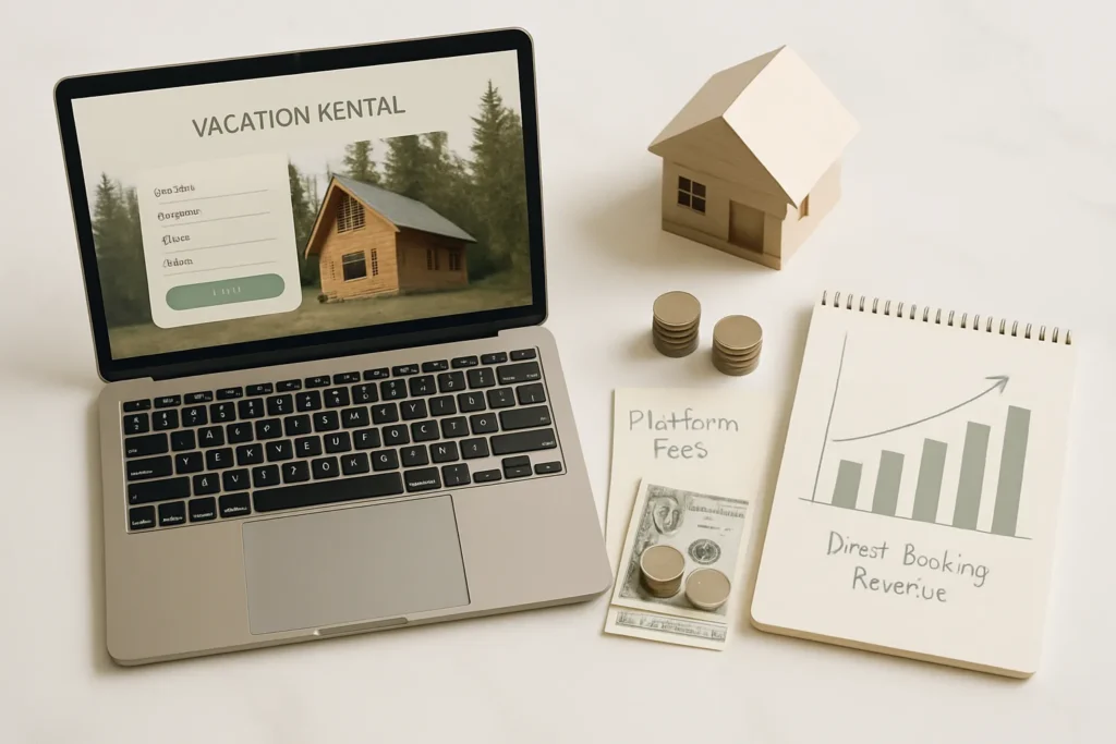 Laptop with vacation rental booking website, wooden house model, coins and revenue chart illustrating direct booking strategy