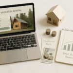 Laptop with vacation rental booking website, wooden house model, coins and revenue chart illustrating direct booking strategy