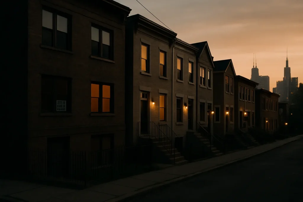 Urban residential street at dusk with For Rent signs and vacation rental lockboxes illustrating the housing debate