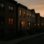 Urban residential street at dusk with For Rent signs and vacation rental lockboxes illustrating the housing debate