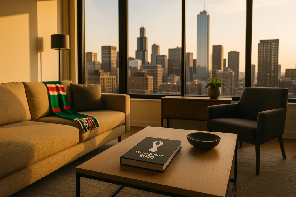 Modern apartment interior with city skyline view and subtle FIFA World Cup 2026 decorative elements representing short-term rental opportunities during the tournament