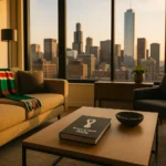 Modern apartment interior with city skyline view and subtle FIFA World Cup 2026 decorative elements representing short-term rental opportunities during the tournament