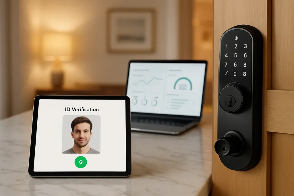 Tablet showing guest screening ID verification dashboard with smart lock in vacation rental