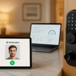 Tablet showing guest screening ID verification dashboard with smart lock in vacation rental