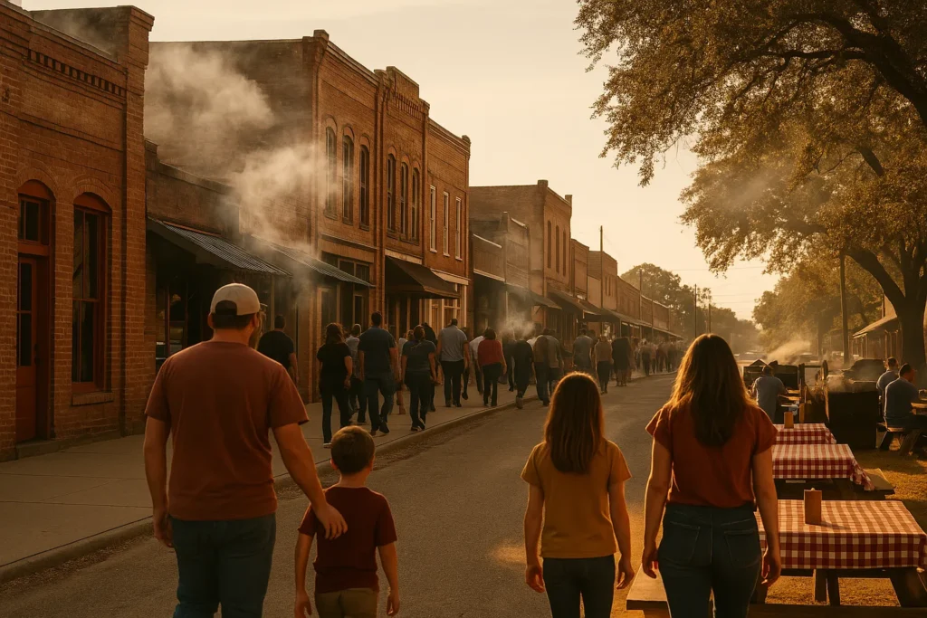 Weekend visitors walking toward historic BBQ restaurants in downtown Lockhart Texas with smoke rising from traditional pits