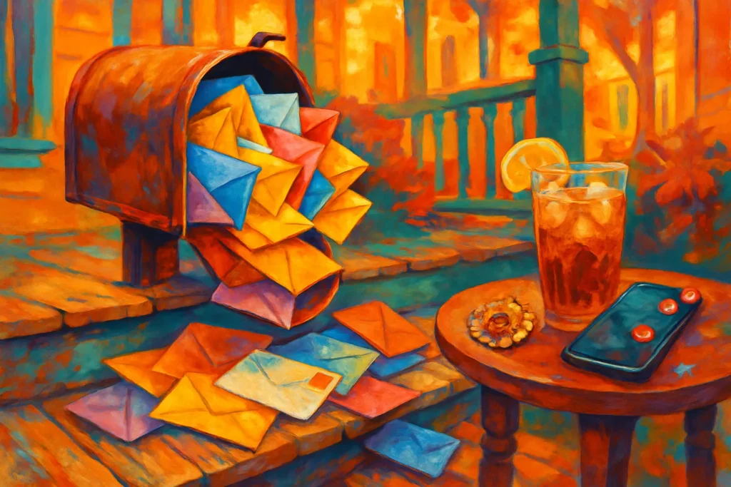 A vintage mailbox overflowing with colorful letters on a Southern porch, with sweet tea and a brooch nearby