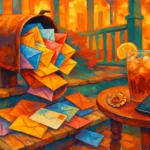 A vintage mailbox overflowing with colorful letters on a Southern porch, with sweet tea and a brooch nearby