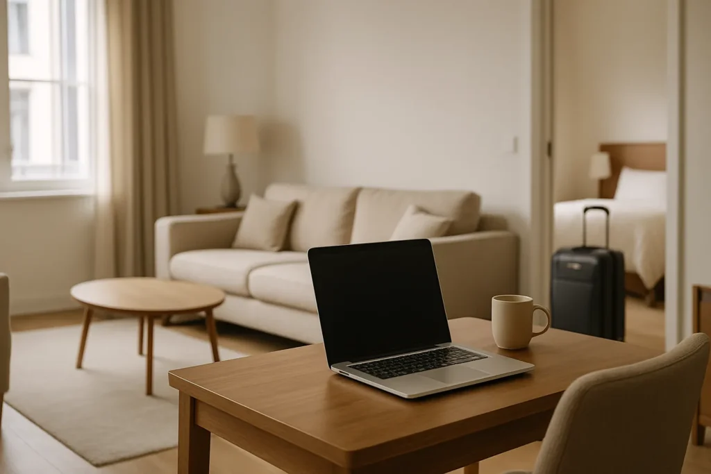 A well-furnished apartment with laptop and travel bag representing a mid-term rental for corporate or travel nurse housing