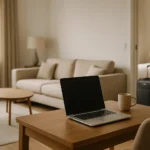 A well-furnished apartment with laptop and travel bag representing a mid-term rental for corporate or travel nurse housing