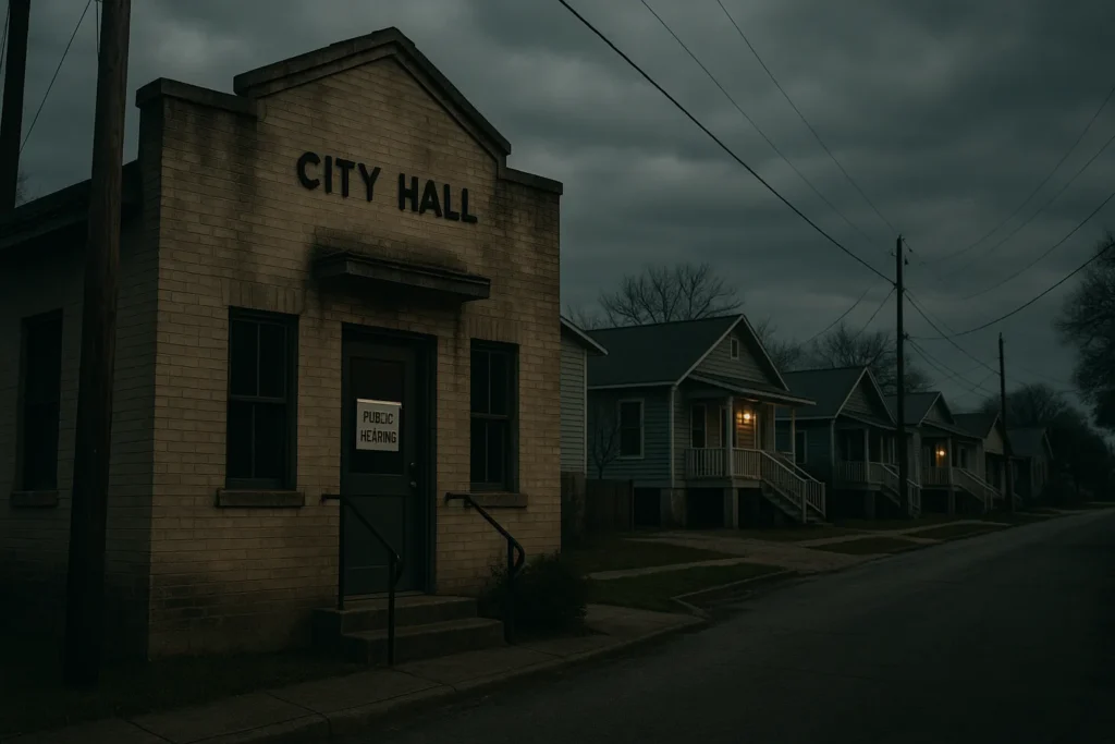 Texas city hall and residential neighborhood representing short-term rental regulation debate