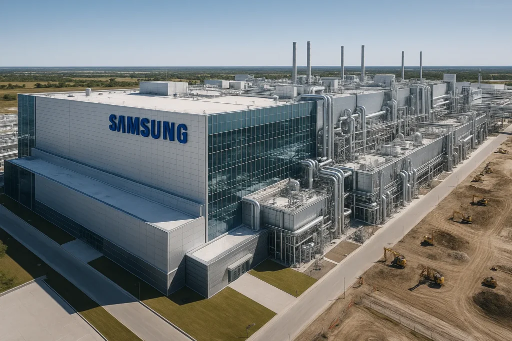 Modern semiconductor fabrication facility in Taylor Texas showing massive industrial complex with construction and high-tech architecture