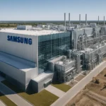 Modern semiconductor fabrication facility in Taylor Texas showing massive industrial complex with construction and high-tech architecture