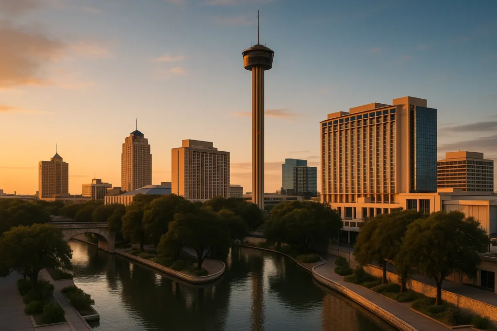 San Antonio skyline and River Walk at golden hour representing STR market analysis