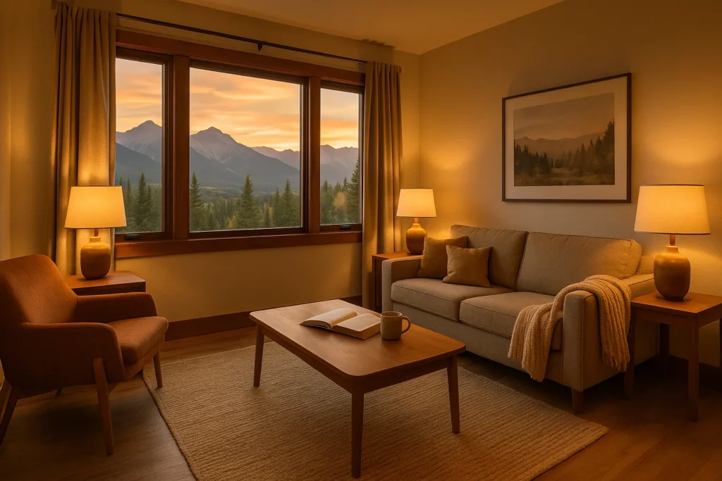 Cozy vacation rental living room with warm lighting and mountain view