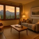Cozy vacation rental living room with warm lighting and mountain view