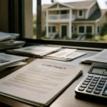 Property management contract on a desk with calculator showing rental fees and a vacation rental home visible in background