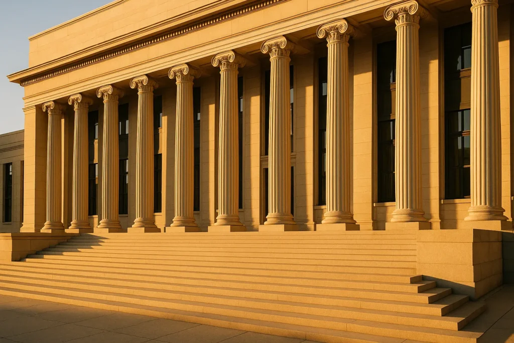 Modern government building with courthouse steps representing short-term rental regulatory authority and legal oversight in 2026