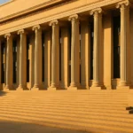 Modern government building with courthouse steps representing short-term rental regulatory authority and legal oversight in 2026