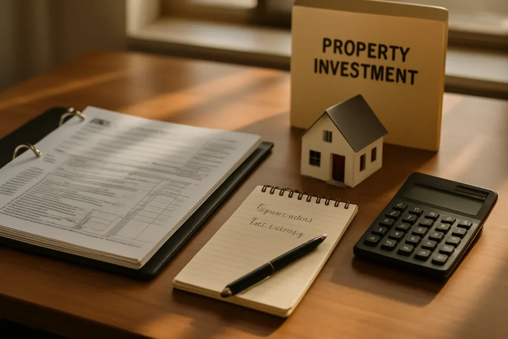 Tax documents and property investment files on a desk representing the STR tax loophole and bonus depreciation strategy in 2026