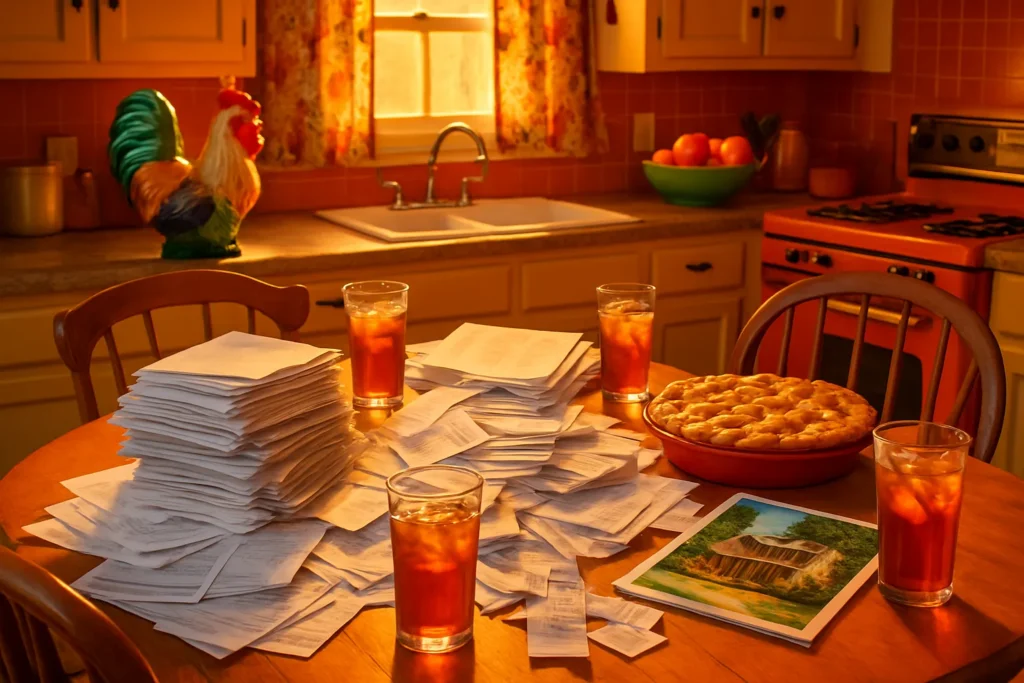 Southern kitchen table covered with tax papers, sweet tea glasses, and rental property documents - STR tax tips