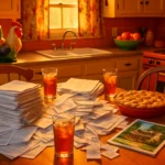 Southern kitchen table covered with tax papers, sweet tea glasses, and rental property documents - STR tax tips