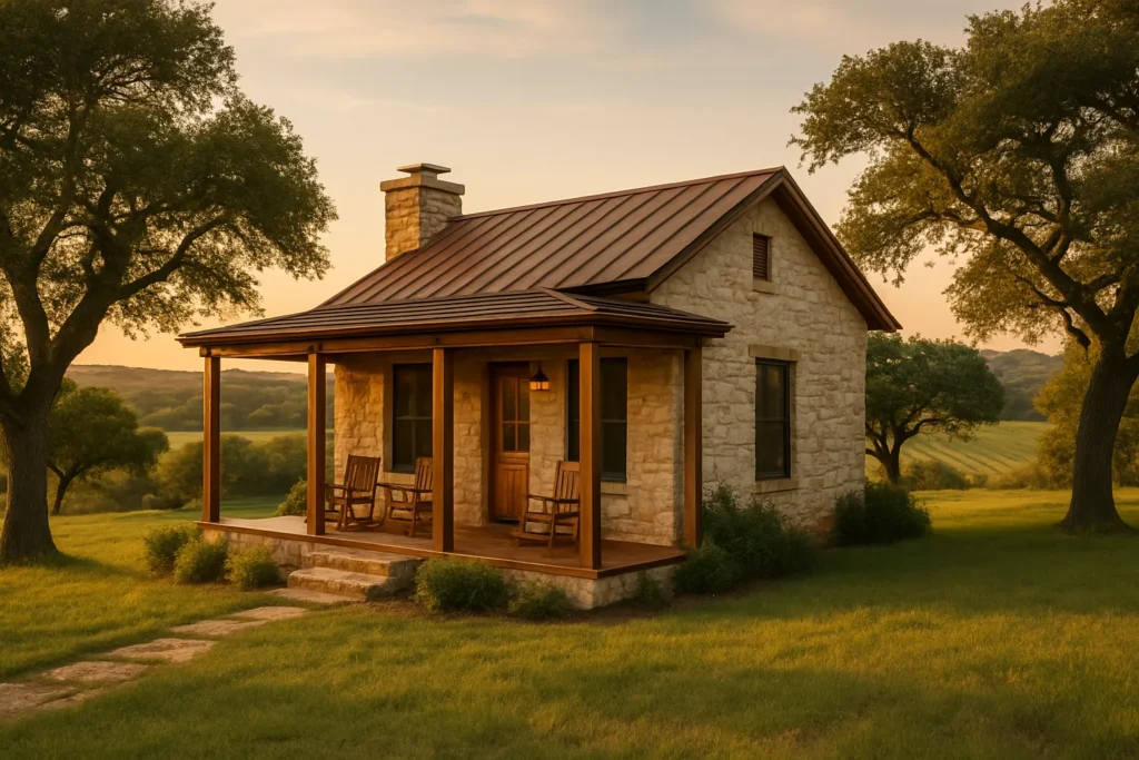 Charming Hill Country limestone cottage at golden hour