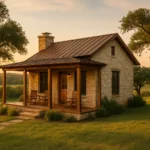 Charming Hill Country limestone cottage at golden hour