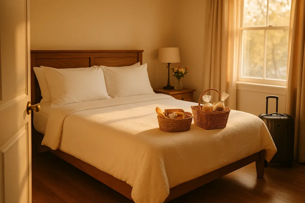 Warm inviting guest bedroom with fresh linens and welcome basket being prepared for World Cup visitors