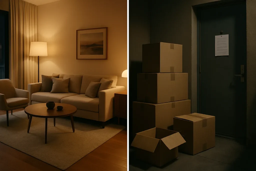 Split scene showing contrast between luxury vacation rental and housing displacement with moving boxes