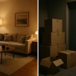 Split scene showing contrast between luxury vacation rental and housing displacement with moving boxes