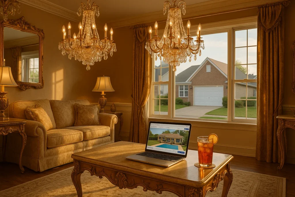 Lavishly decorated suburban living room with laptop showing vacation rental listing and glass of sweet tea