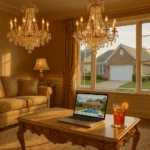 Lavishly decorated suburban living room with laptop showing vacation rental listing and glass of sweet tea