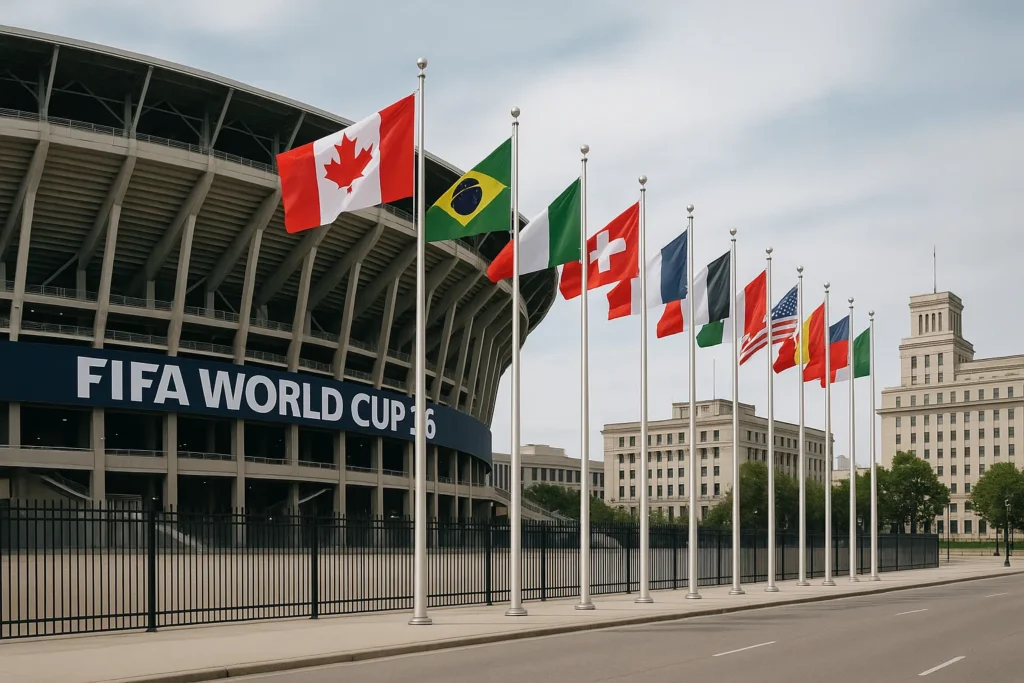 FIFA World Cup 2026 stadium with international flags representing host cities and STR regulatory framework