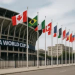 FIFA World Cup 2026 stadium with international flags representing host cities and STR regulatory framework