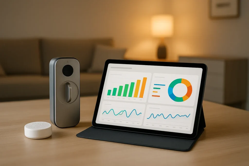 Modern smart home technology setup for vacation rental management including tablet with pricing analytics, smart lock, and noise monitoring sensor