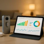 Modern smart home technology setup for vacation rental management including tablet with pricing analytics, smart lock, and noise monitoring sensor