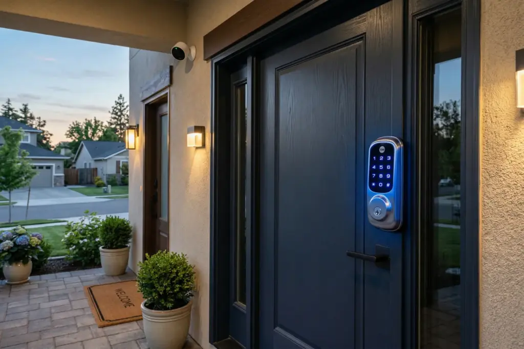 Smart lock with digital keypad and exterior security camera on a residential front door representing Airbnb host security measures